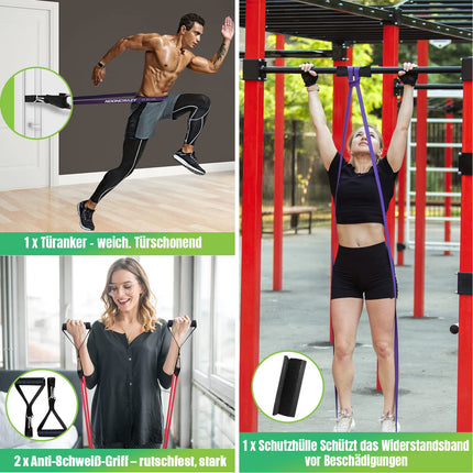 Pretestības lentes, 4 dažādu līmeņu pretestības lentes ar durvju enkuru un rokturiem, fitnesa lentes spēka treniņiem, treniņiem, fizioterapijai, jogai vīriešiem un sievietēm