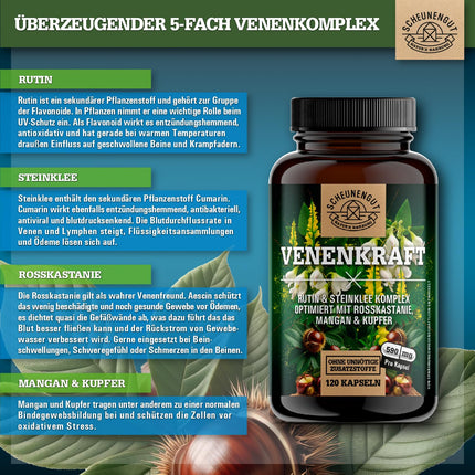 VENENKRAFT® Rutīna saldā āboliņa kapsulas ar augstu devu — SVARĪGI: Laboratorijā pārbaudīts vēnu komplekss ar rutīnu, saldo āboliņu, zirgkastaņas ekstraktu, mangānu, varu un citām vielām | 120 gab. -DE- SCHEUNENGUT®