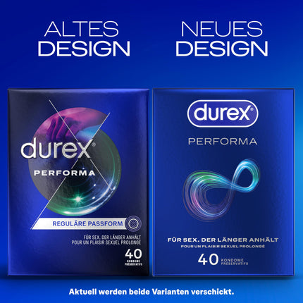 Durex Performa prezervatīvi – dzimumakta pagarināšanas prezervatīvi ar 5% benzokaīna gelu un viegli uzvelkamu formu – 40 prezervatīvi (1 iepakojums)