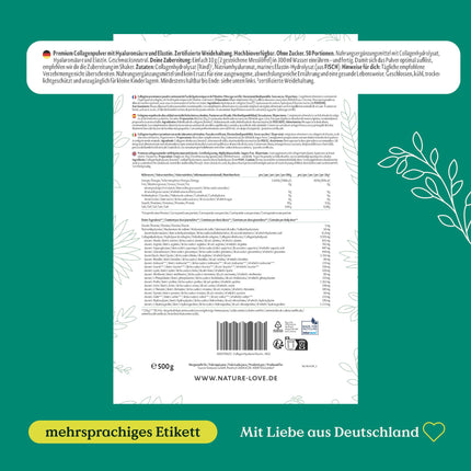 NATURE LOVE® Premium kolagēna pulveris ar hialuronskābi un elastīnu - 500 g kolagēna - 1. un 3. tipa peptīdi - bez garšas - kolagēns no ganībās barotām liellopiem - laboratoriski pārbaudīts