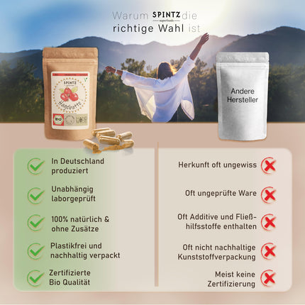 SPINTZ® 420 gab. Organiskās mežrozīšu kapsulas - vegānas mežrozīšu kapsulas ar lielu devu - 500 mg organiskā mežrozīšu pulvera no bioloģiskās lauksaimniecības - mežrozīšu pulveris | plastmasas nesaturošs iepakojums