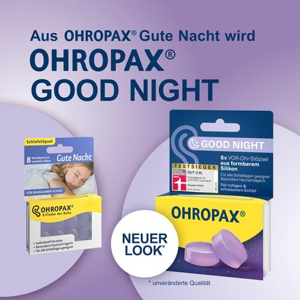 OHROPAX Good Night ausu aizbāžņi – no formējama silikona izgatavoti priekšausu aizbāžņi – piemēroti visām ausīm un visām gulēšanas pozām – skaņas izolācijas vērtība SNR 23 dB – mierīgam un atslābinošam miegam – 8 gabali