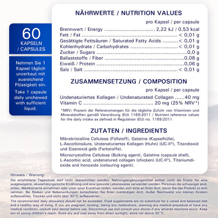Pharmavital UC-II Native Collagen, 60 kapsulas, augstas devas kolagēna kapsulas no Vācijas, kolagēna un C vitamīna kombinētais uztura bagātinātājs