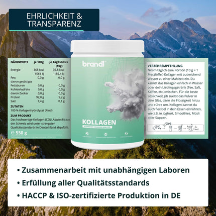 Kolagēna pulveris no Šveices ganību lauksaimniecības | Bezgaršīgs un neatkarīgi laboratorijā pārbaudīts | 550 g augstākās kvalitātes kolagēna pulveris no brandl® un Collaswiss®