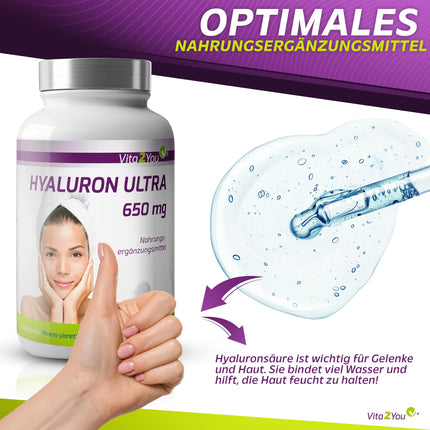 Vita2You hialuronskābe Ultra 650 mg - 90 vegānas kapsulas - augu izcelsmes, fermentētas - 500-700 kDa - augsta deva - 3 mēnešu krājumi - bez piedevām - hialuronskābe - augstākā kvalitāte