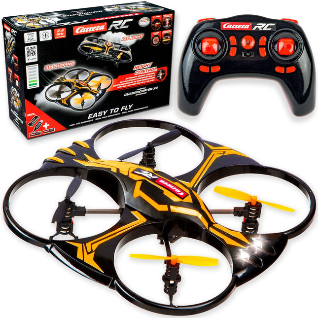 Carrera RC Quadcopter X2 drons | Ar mirgojošām LED gabarītgaismām | 3D cilpas funkcija | Automātiskās palaišanas un nolaišanās funkcija | 17,6 cm garums | No 12 gadiem | Iesācēja un progresīvais režīms