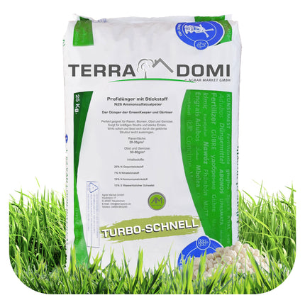 Turbo Fast Green 25 kg zāliena mēslojums pavasarim un vasarai I N26 slāpekļa mēslojums I Ideāli piemērots karstuma stresa gadījumā I Veselīgs, zaļš zāliens, pateicoties augšanas spurtam | Mēslojums zālieniem, ziediem, augļiem un dārzeņiem