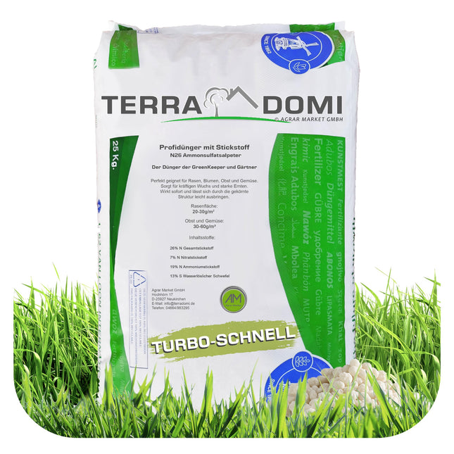 Turbo Fast Green 25 kg zāliena mēslojums pavasarim un vasarai I N26 slāpekļa mēslojums I Ideāli piemērots karstuma stresa gadījumā I Veselīgs, zaļš zāliens, pateicoties augšanas spurtam | Mēslojums zālieniem, ziediem, augļiem un dārzeņiem