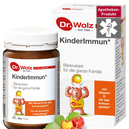 Dr. Wolz KinderImmun* 65 g pulveris - aktīvais komplekss imūnsistēmai* un augšanai** - imūnkomplekss ar C vitamīnu no acerola ķiršiem - vitamīni, minerālvielas un mikroelementi - veģetārs