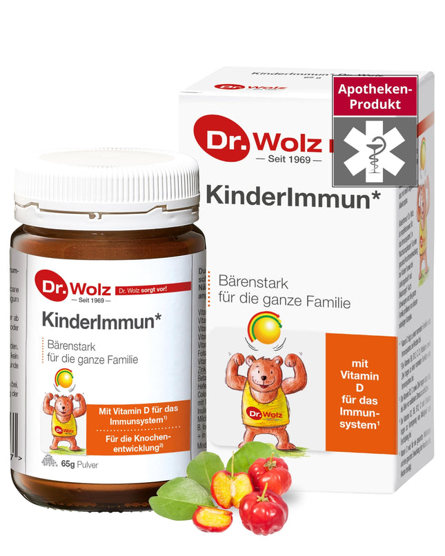 Dr. Wolz KinderImmun* 65 g pulveris - aktīvais komplekss imūnsistēmai* un augšanai** - imūnkomplekss ar C vitamīnu no acerola ķiršiem - vitamīni, minerālvielas un mikroelementi - veģetārs