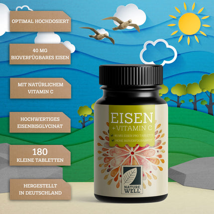 Dzelzs tabletes ar augstu devu 180x ar 40 mg dzelzs + C vitamīnu (40 mg) no mežrozīšu augļiem - VEGĀNAS dzelzs tabletes ar biopieejamu dzelzi, augstu devu no dzelzs bisglicināta - bez nevēlamām piedevām