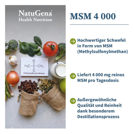 NatuGena MSM 4000, 4000 mg tīra metilsulfonilmetāna (MSM) vienā dienas devā, iegūts no izejvielas OptiMSM, 150 kapsulas (30 dienu iepakojums)