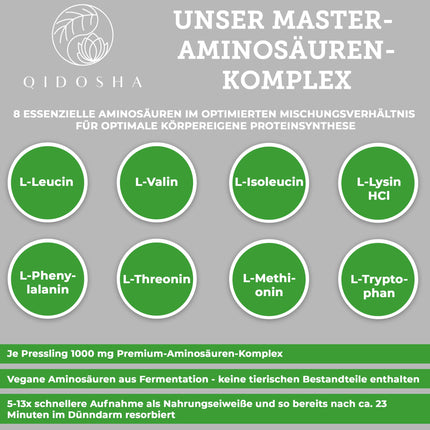 QIDOSHA® Master Amino Acid Complex tabletes, recepte saskaņā ar Dr. Moretti, 360 gabali/burciņā, ar 99% tīrā slāpekļa izmantošanu (NNU), 8 neaizvietojamās aminoskābes, 100% vegānisks
