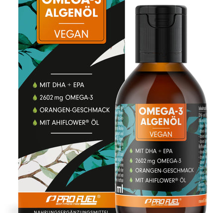 Omega-3 aļģu eļļa 100 ml - augsta deva ar 3665 mg aļģu eļļas, tostarp 1203 mg DHA un 667 mg EPA - vegāna Omega-3 eļļa + Ahiflower® eļļa ar patīkamu apelsīnu garšu - laboratoriski pārbaudīta ar sertifikātu