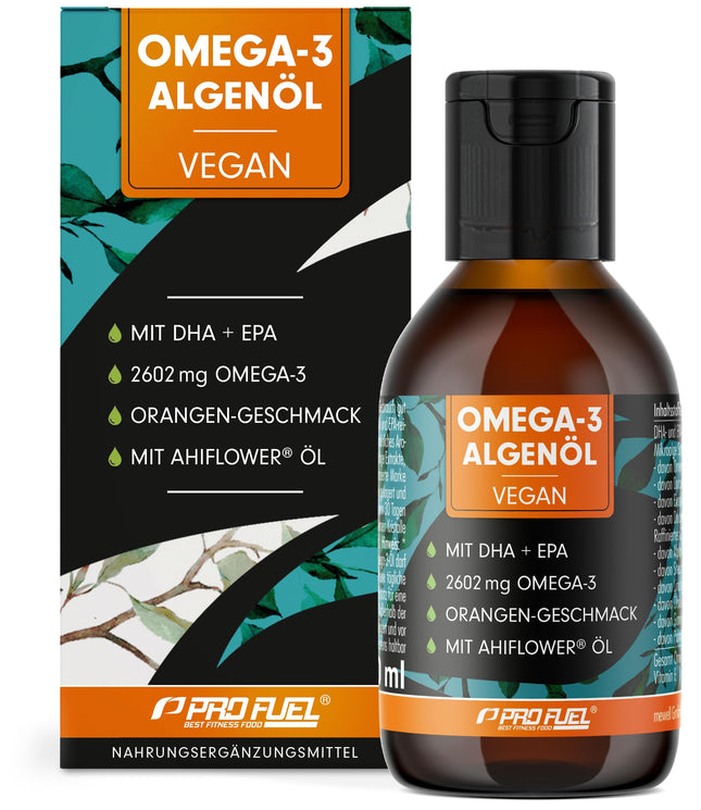 Omega-3 aļģu eļļa 100 ml - augsta deva ar 3665 mg aļģu eļļas, tostarp 1203 mg DHA un 667 mg EPA - vegāna Omega-3 eļļa + Ahiflower® eļļa ar patīkamu apelsīnu garšu - laboratoriski pārbaudīta ar sertifikātu