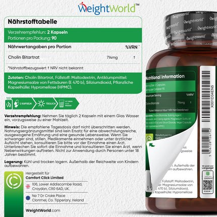 Holīna kapsulas - 714 mg vienā porcijā - aknu darbība, homocisteīns un lipīdu metabolisms (EFSA) - 180 vegānas kapsulas 3 mēnešu piegādei - holīna bitartrāts no WeightWorld