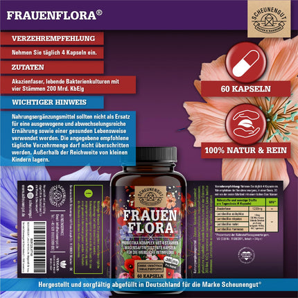 FRAUENFLORA® Intīmās floras komplekss 200 miljardi CFU/g — SVARĪGI: Laboratorijā pārbaudīti 4 baktēriju celmi Lactobacillus reuteri, rhamnosus, crispatus, acidophilus — zarnās šķīstošs apvalks — SCHEUNENGUT®