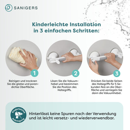 SANIGERS® Satvērējstienis ar piesūcekni - Īpaši spēcīga noturība 110 KG - Satvērējstienis dušai bez urbšanas, satvērēji senioriem, vannas rokturis bez urbšanas, dušas rokturis ar piesūcekni, piesūcekņa rokturis vannas istabai