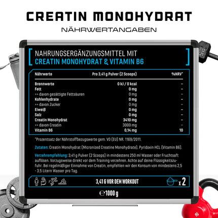 Kreatīna pulveris - 1 kg / 1000 g - Tīrs kreatīna monohidrāts - Optimāla šķīdība - Vegāns - Bez piedevām - Tīrs pulveris - German Elite Nutrition