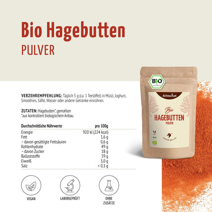 Bioloģisks mežrozīšu pulveris 1000g | veselas mežrozīšu masas | augļu, salds un pikants aromāts | 100% bioloģisks mežrozīšu pulveris neapstrādātas pārtikas kvalitātē | no Ahterhofas