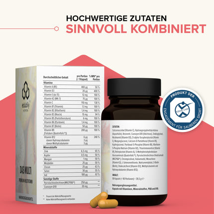 edubily nutrition® multivitamīnu kapsulas ar vitamīniem, minerālvielām un mikroelementiem, piemēram, hromu, jodu, varu, mangānu, molibdēnu, PQQ, Q10, selēnu, cinku, bez dzelzs - 90 mazas kapsulas (multivitamīni ar jodu)