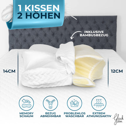 Glückstoff® ortopēdiskais spilvens (sertificēts visiem miega veidiem) Memory Foam spilvens kakla sāpēm | Kakla atbalsta spilvens Ergonomisks galvas spilvens Sānu guļamvietas spilvens Balts