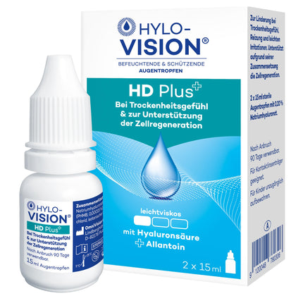 Hylo-Vision HD Plus acu pilieni – mitrina un aizsargā sausas un kairinātas acis, veicina šūnu atjaunošanos, nedaudz viskozi, piemēroti kontaktlēcām, 2 x 15 ml
