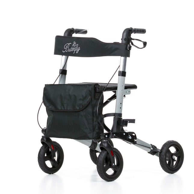 REHASHOP vieglais rollators Butterfly antracīta krāsā ar mīkstām riepām un spieķa turētāju - salokāms un viegls