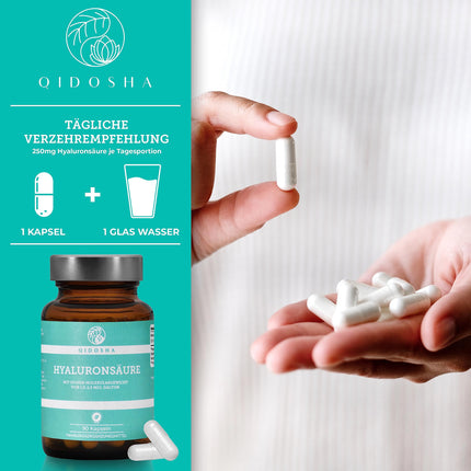 QIDOSHA® Premium hialuronskābes kapsulas, TESTA UZVARĒTĀJS 07/23*, augsta molekulmasa 1,5–2 miljoni daltonu (parastais tirgus: 0,5 miljoni), 250 mg/kapsula, 90 gab./aptiekas burciņā, vegāns, dabiski fermentēts