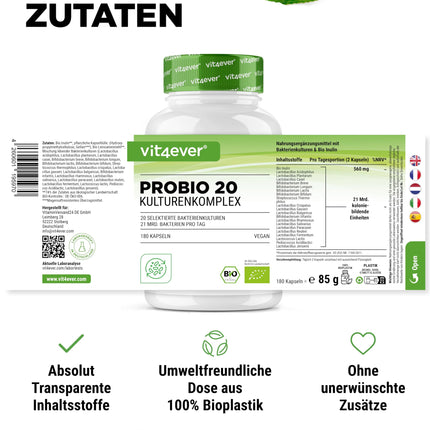 Probio 20 - Kultūru komplekss ar 20 baktēriju celmiem + organisko inulīnu - 180 kuņģa sulu izturīgas kapsulas Bright JC Caps® - 21 miljards pienskābes baktēriju vienā dienas devā - Augsta deva - Vegāns -