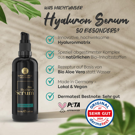 BIO Hyaluron Serum hochdosiert • 100ml +Vit E & B5 • 7-Fach Hyaluronsäure Serum Gesicht ✓100% Vegan&BIO ✓Anti-Aging Konzentrat ✓ Anti Falten Serum Naturkosmetik ✓Made in Germany ✓Hyaluronic Acid Serum