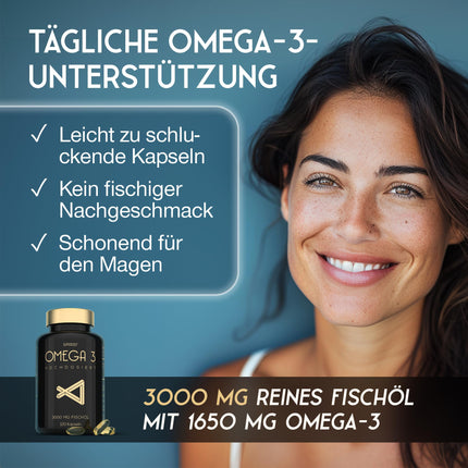 Omega 3 kapsulas, augsta deva 3000 mg - augstākās kvalitātes zivju eļļa 120 kapsulas - trīskārša darbība - augsts DHA un EPA saturs - tīra Omega 3 eļļa no ilgtspējīgas zvejas - laboratorijā pārbaudīta zivju eļļa bez piedevām