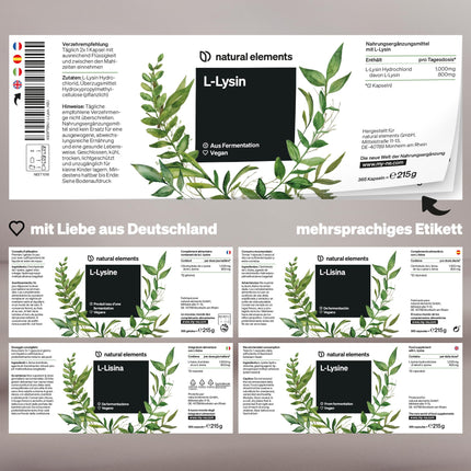 L-lizīns – 365 kapsulas – 800 mg tīra L-lizīna no 1000 mg L-lizīna HCl/dienā – No augu fermentācijas – Bez ĢMO – Vegāns, optimāli dozēts, bez nevajadzīgām piedevām