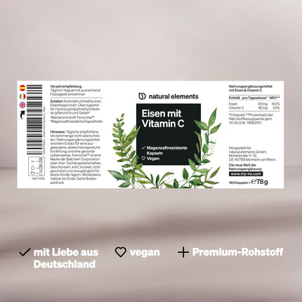 Dzelzs 20 mg (no dzelzs bisglicināta) vienā kapsulā – ar 42 mg dabīgā C vitamīna – vegāns, bez garšas – 180 kuņģa sulu izturīgas kapsulas – Augstākās kvalitātes izejviela: Ferrochel™ (dzelzs helāts)