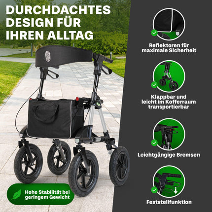 Āra rollators ar 30 cm pneimatiskajām riepām, sēdekļa un muguras siksnu ar noņemamu somu - augstumā regulējamiem ergonomiskiem rokturiem. Visurgājēju rollators, salokāms, izturīgs un viegls, izgatavots no alumīnija, pērļu baltā krāsā