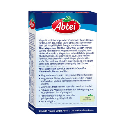 Abtei Magnesium 500 Plus Extra Vital Depot – augsta deva – ar visiem B vitamīniem – muskuļiem, nerviem un sirdij – vegāns – 42 tabletes