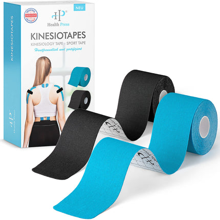 Health Press® kineziolentes - 2 kinezioloģisko lentu ruļļi zili + melni (5 cm x 5 m) Kineziolente - profesionāla fizioterapijas un sporta lente - ādai draudzīgas lentes DERMATEST: ĻOTI LABI