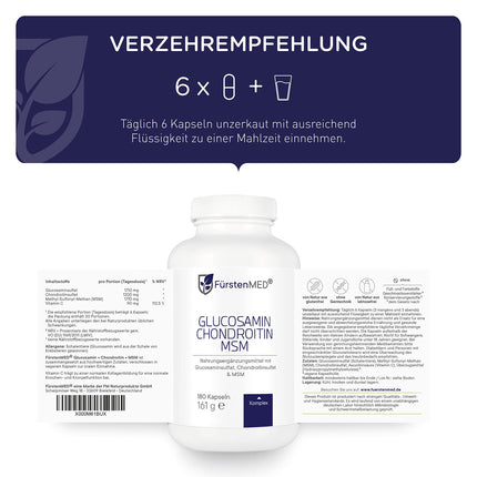 FürstenMED® glikozamīna hondroitīna MSM augsta deva + C vitamīns, 180 kapsulas kā 4 komponentu komplekss ar glikozamīnu, laboratoriski pārbaudīts un bez nevēlamām piedevām