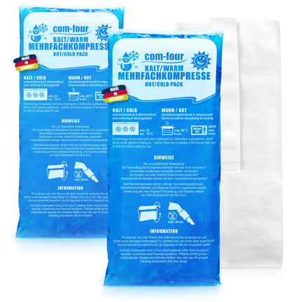 com-four® 2X lielas kompreses 29 x 12 cm ar atkārtoti lietojamu augstākās kvalitātes flīsa pārvalku, aukstas un siltas kompreses ar dzesēšanas želeju, aizsargapvalks ar elastīgu lenti, piemērotas mikroviļņu krāsnij - ražotas Vācijā