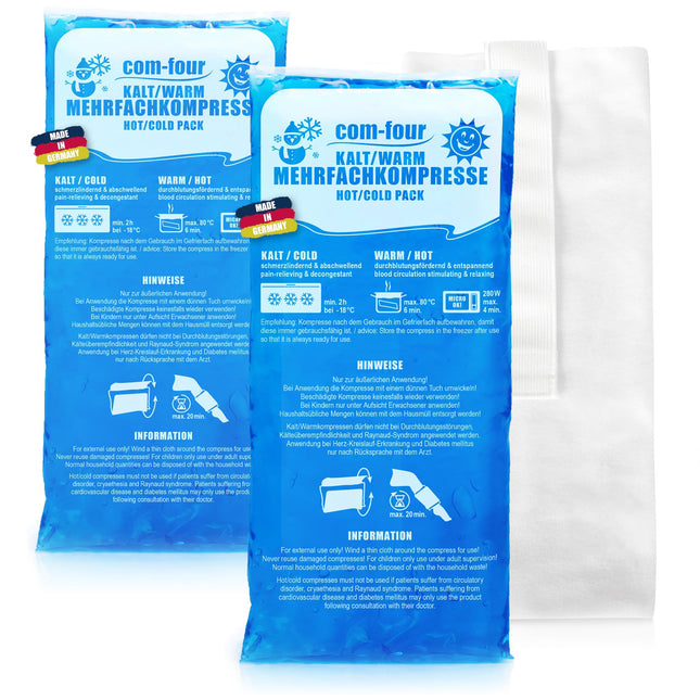 com-four® 2X lielas kompreses 29 x 12 cm ar atkārtoti lietojamu augstākās kvalitātes flīsa pārvalku, aukstas un siltas kompreses ar dzesēšanas želeju, aizsargapvalks ar elastīgu lenti, piemērotas mikroviļņu krāsnij - ražotas Vācijā