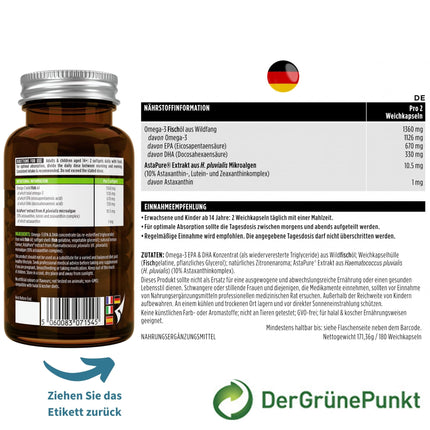 Igennus augstākās kvalitātes Omega-3 savvaļas zivju eļļa un astaksantīns, triglicerīdu forma rTG, 1360 mg, EPA 670 mg un DHA 330 mg Omega-3 taukskābes, īpaši tīras; bez vides toksīniem, citronu garša, 180 mīkstās kapsulas