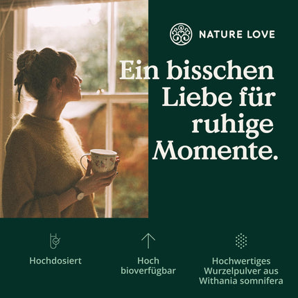 NATURE LOVE® Bioloģiskā ašvaganda - 240 kapsulas - Augsti koncentrēta ar 1950 mg dienas devā - Augstas kvalitātes Indijas ašvaganda - Laboratorijā pārbaudīta, vegāna, ražota Vācijā