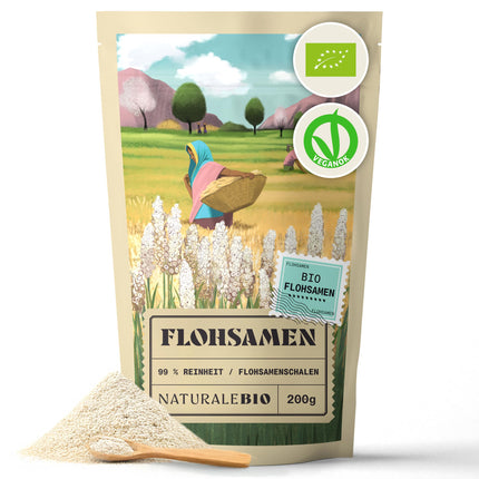 NaturaleBio maltas psyllium sēklu sēnalas, 99% tīrība, 200 g dabīgas, organiskas psyllium sēklu sēnalas, dabīgas, tīras, ar augstu šķiedrvielu saturu, vegānas, šķīdināšanai ūdenī, dzērienos un sulās.