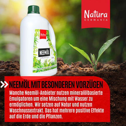 Natura Germania® Nīma eļļa 1000 ml ar ziepju riekstu ekstraktu ar smidzināšanas pudeli un mērtrauku - Pagatavo 100 litrus gatava šķīduma - Nīma aerosols dabiskai augu kopšanai istabas augiem/dārza augiem