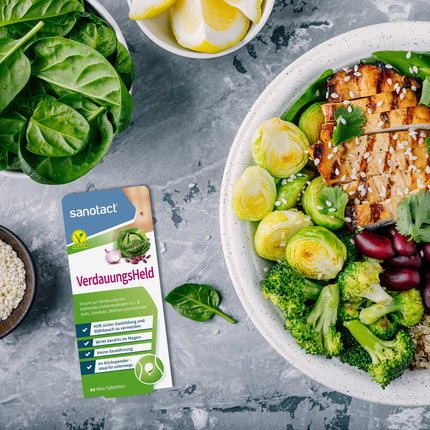 sanotact Digestive Hero (40 mini tabletes) • Pret vēdera uzpūšanos, meteorismu, pilnuma sajūtu. Gremošanas tabletes dozatorā ar klikšķi lietošanai ceļā. • Atbalsta gremošanu.