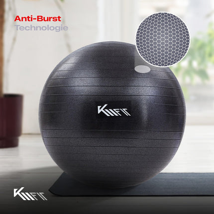KM-Fit vingrošanas bumba 75 cm | Treniņu bumba ar gaisa pumpi | Biroja pretplīsuma bumba | Bumba fitnesam, jogai, vingrošanai, korsetes treniņiem | Pezziball jogas bumba bez BPA | Melns