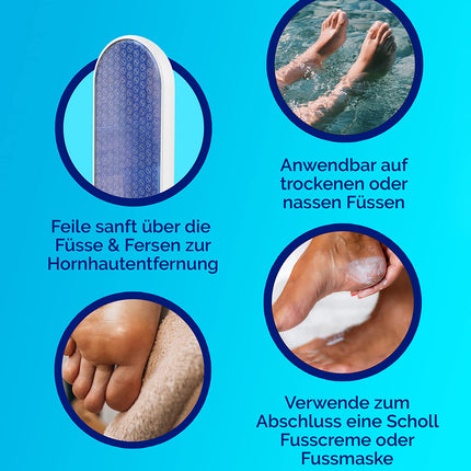 Scholl Nano stikla pēdu vīle un tulznu noņemšanas rīks — ērta un saudzīga cietas ādas un tulznu noņemšana