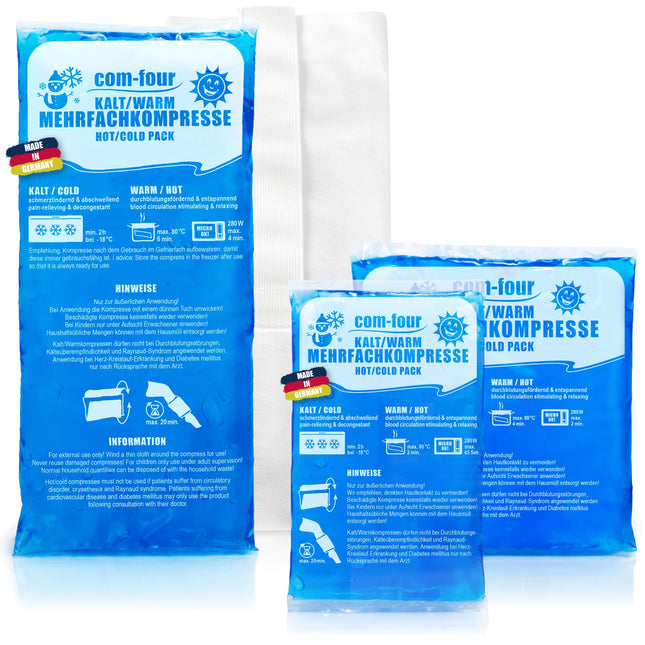 com-four® 3X kompreses 3 dažādos izmēros ar flīsa pārvalku, siltas un aukstas kompreses - izdevīgs dzesēšanas spilventiņu komplekts, dzesēšanas paketes - piemērotas mikroviļņu krāsnij - ražotas Vācijā (3 gab.)