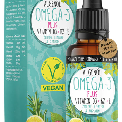 Omega-3 aļģu eļļa PLUS - 40% DHA un 20% EPA ar D3 + K2 + E vitamīnu - citrona un rozmarīna ekstrakts - vegāns (20 ml = 4 mēnešu krājums)