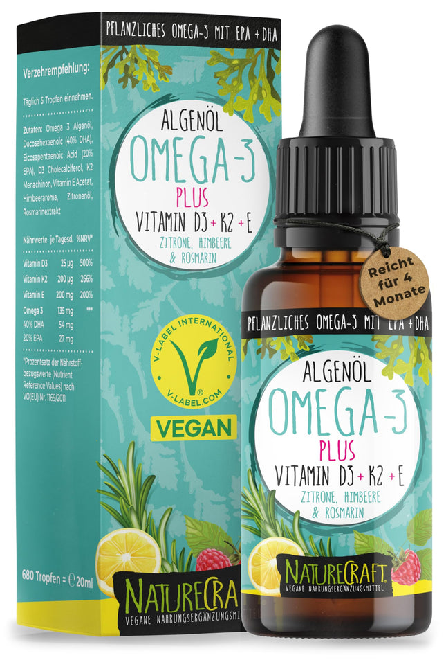 Omega-3 aļģu eļļa PLUS - 40% DHA un 20% EPA ar D3 + K2 + E vitamīnu - citrona un rozmarīna ekstrakts - vegāns (20 ml = 4 mēnešu krājums)